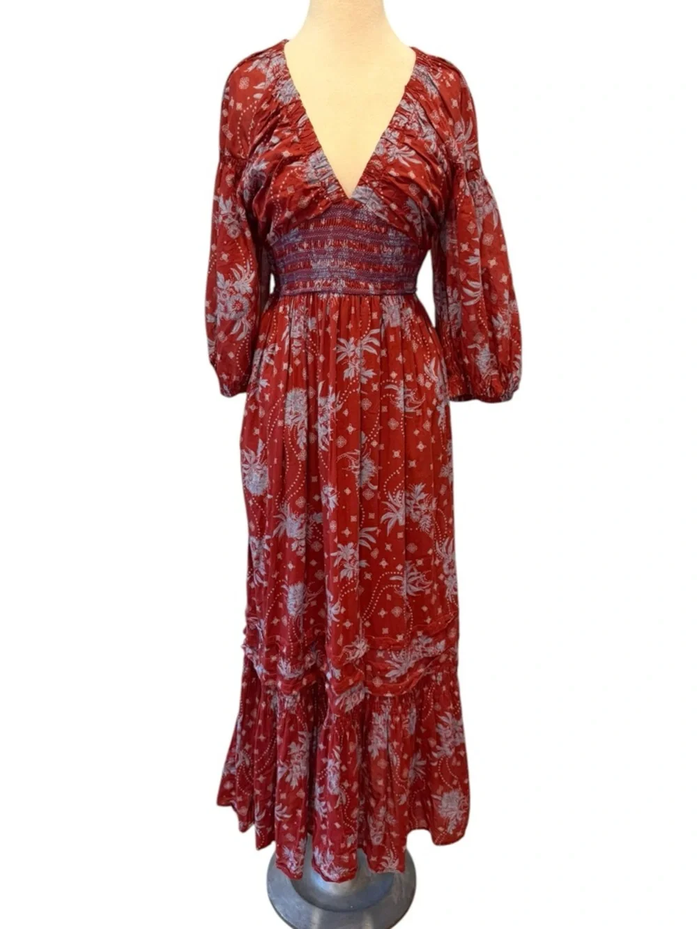 Free People Golden Hour Maxi Dress Floral Smocked Burgundy Blue Size Small - Picture 2 of 14